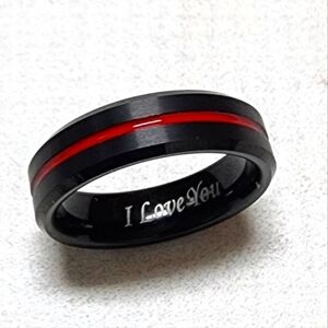 Thin Red Groove Black Brushed Tungsten Carbide Band Ring Engraved Size 9 - New